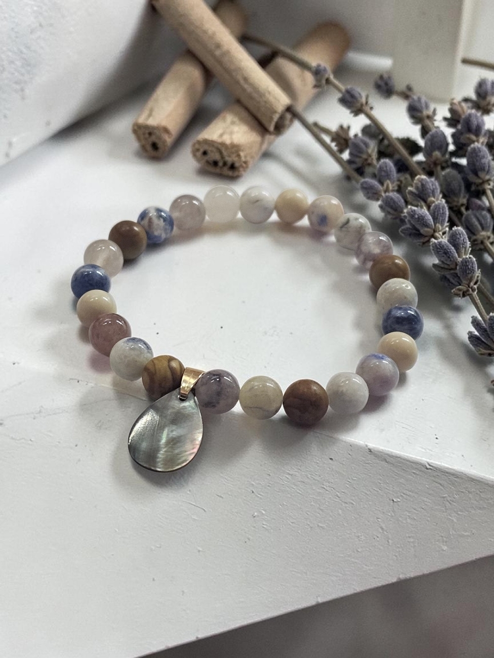 Multicolor Beaded Gemstone Bracelet with Mother-of-Pearl Pendant